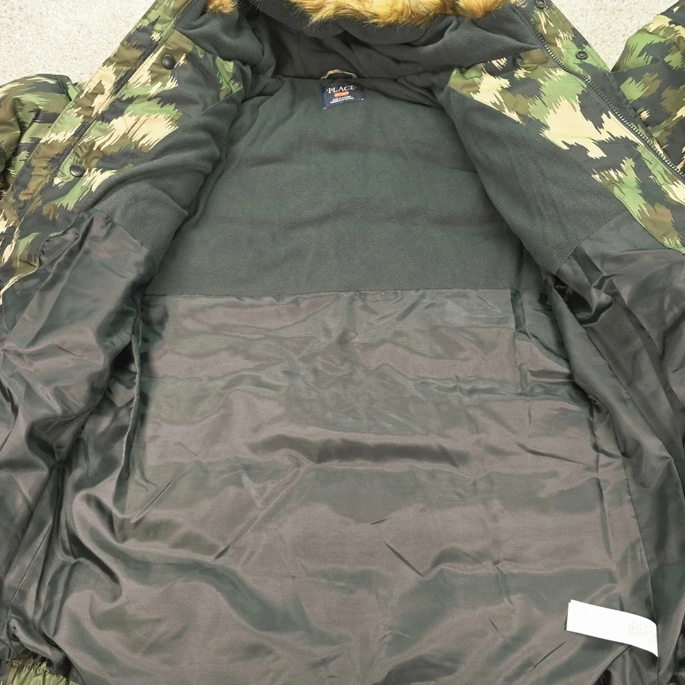 NEW Childrens Place Kids XXL 16 Camo Puffer Parka Faux Fur Hood Water Resistant